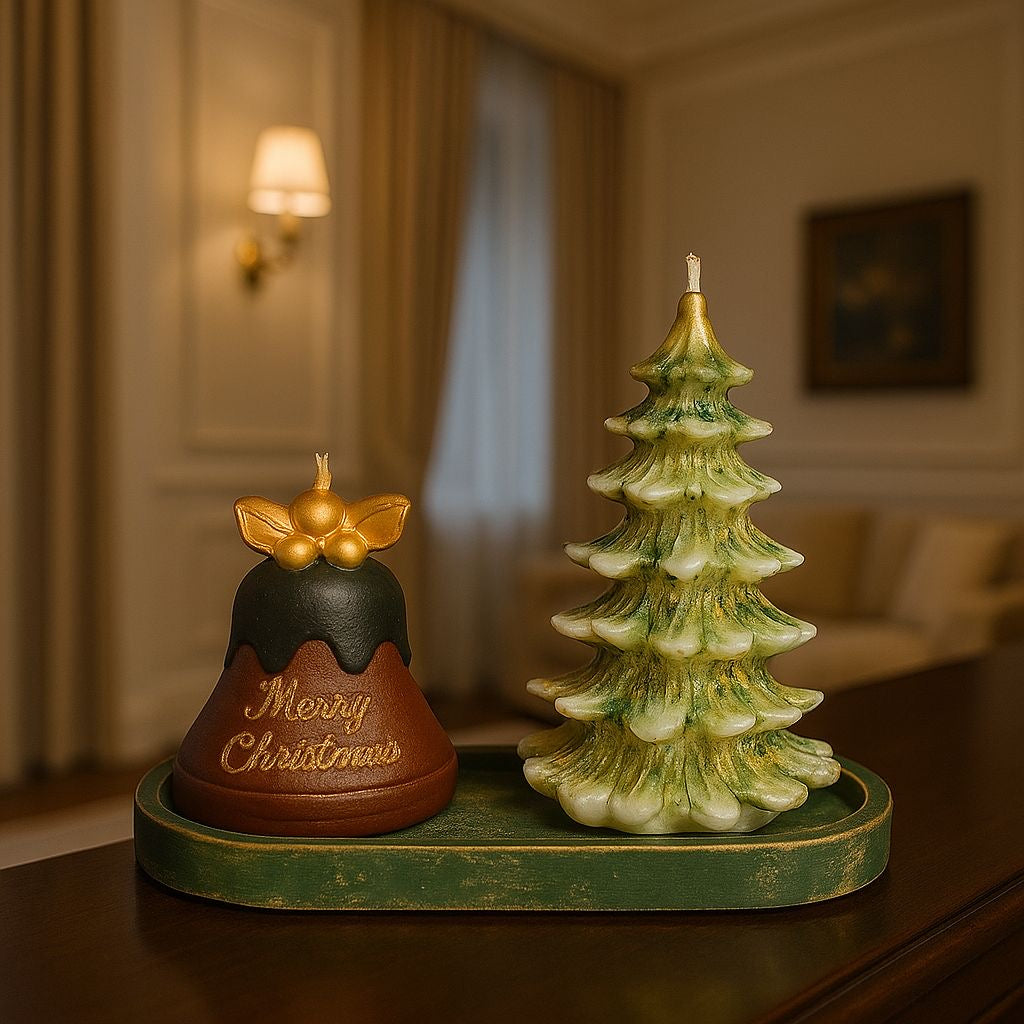 Yılbaşı Işıltısı: Noel Ağacı ve Puding Mum & Dekoratif Tepsi Seti