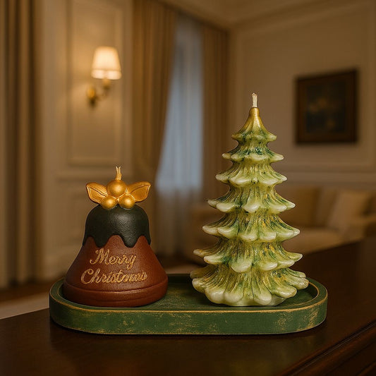 Yılbaşı Işıltısı: Noel Ağacı ve Puding Mum & Dekoratif Tepsi Seti