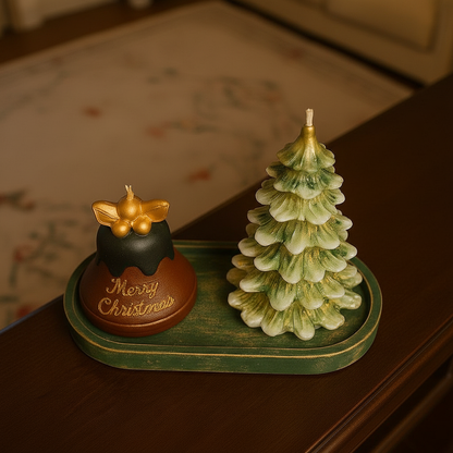 Yılbaşı Işıltısı: Noel Ağacı ve Puding Mum & Dekoratif Tepsi Seti