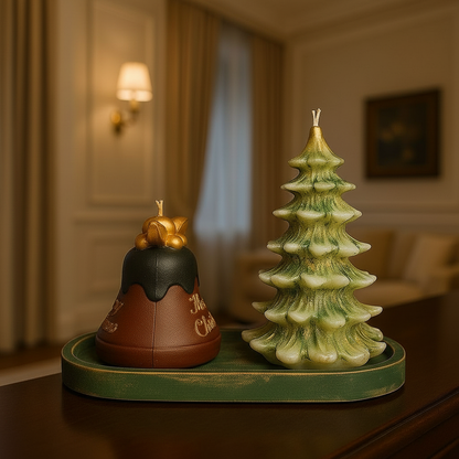 Yılbaşı Işıltısı: Noel Ağacı ve Puding Mum & Dekoratif Tepsi Seti