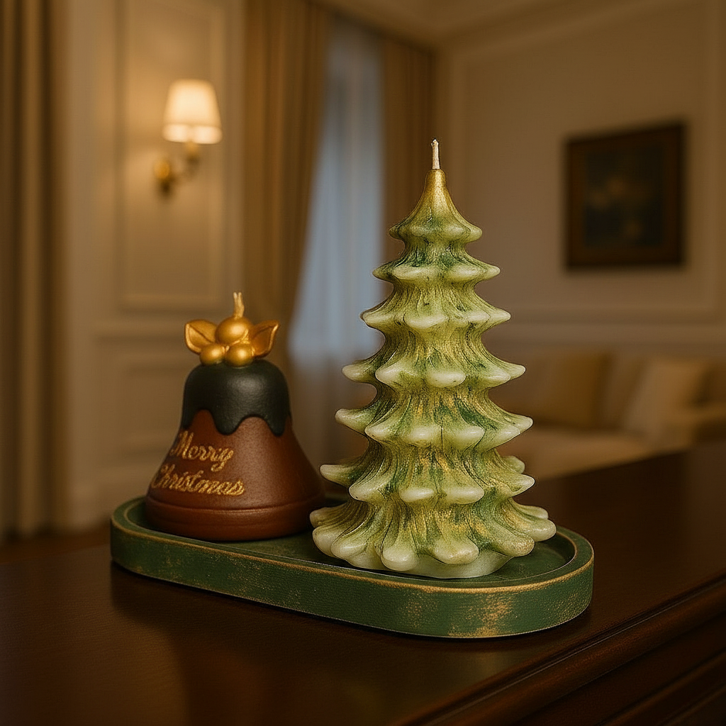 Yılbaşı Işıltısı: Noel Ağacı ve Puding Mum & Dekoratif Tepsi Seti